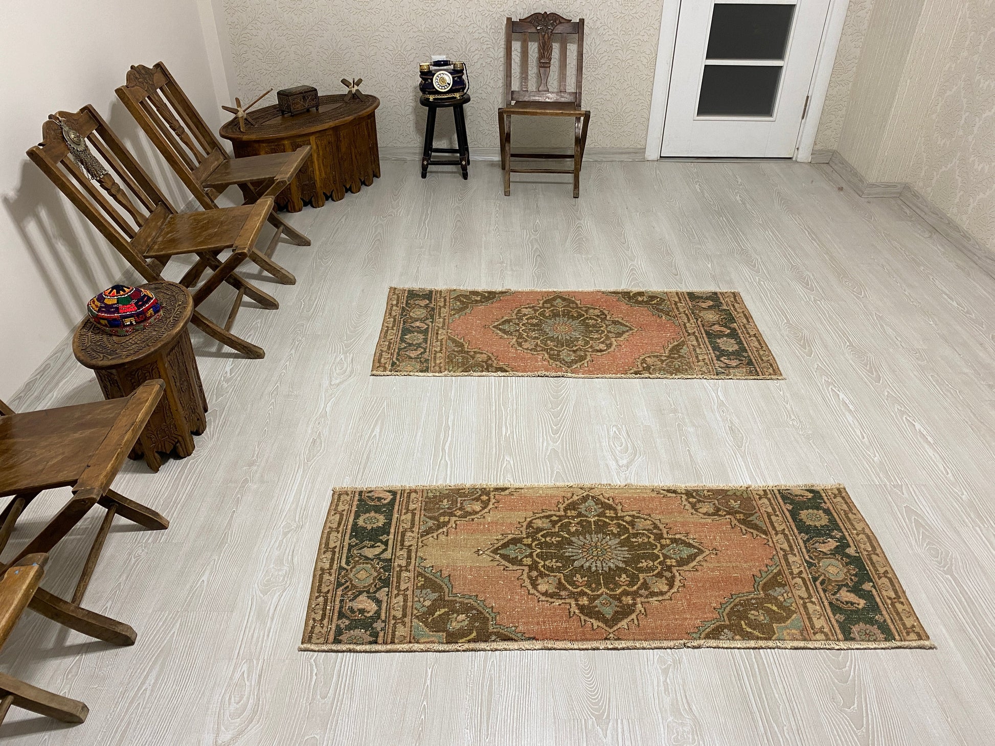 Twin Pair of Turkish Oushak Small Rugs Doormats Bath Mats - Kilim Art Gallery