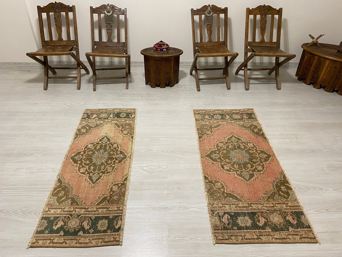 Twin Pair of Turkish Oushak Small Rugs Doormats Bath Mats - Kilim Art Gallery