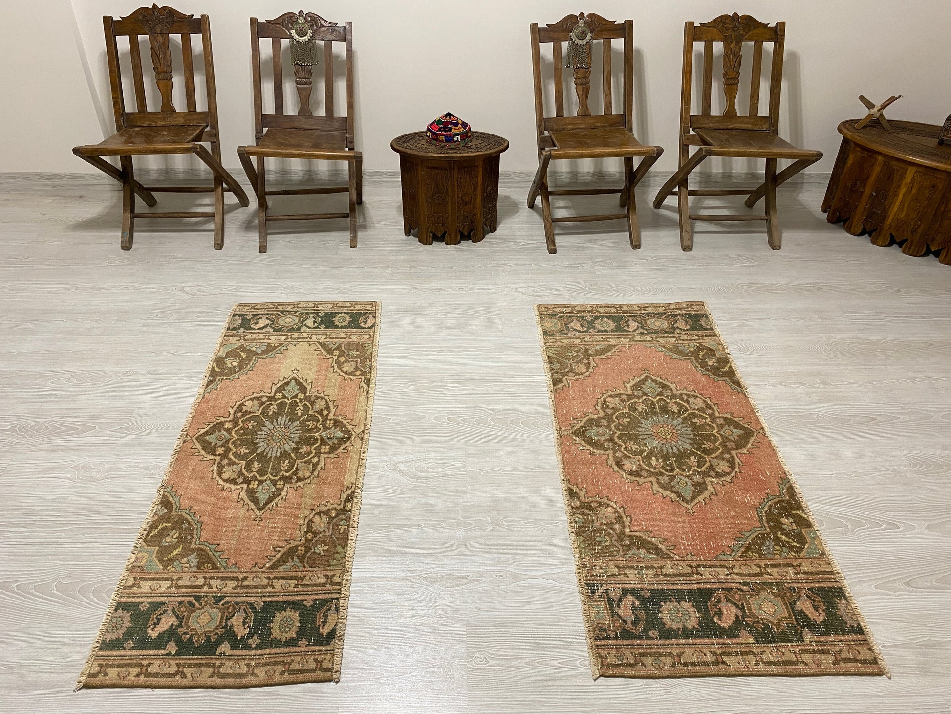 Twin Pair of Turkish Oushak Small Rugs Doormats Bath Mats - Kilim Art Gallery