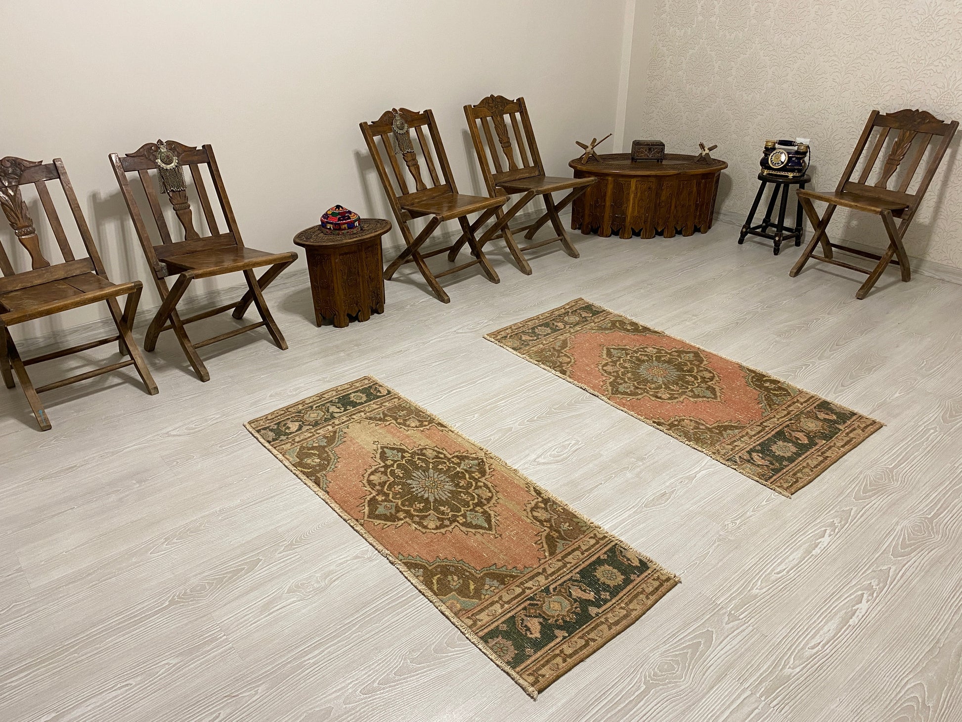 Twin Pair of Turkish Oushak Small Rugs Doormats Bath Mats - Kilim Art Gallery