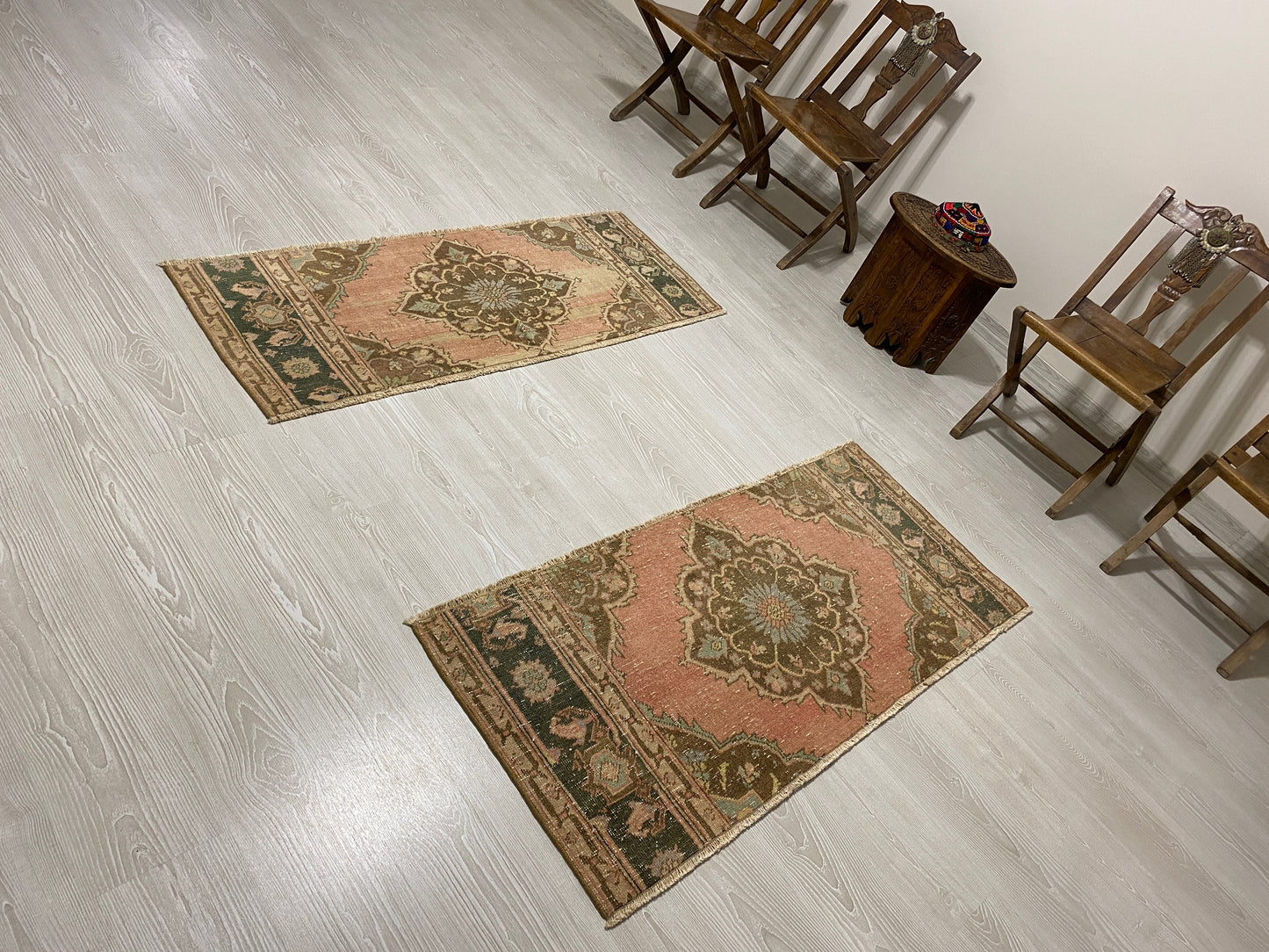 Twin Pair of Turkish Oushak Small Rugs Doormats Bath Mats - Kilim Art Gallery