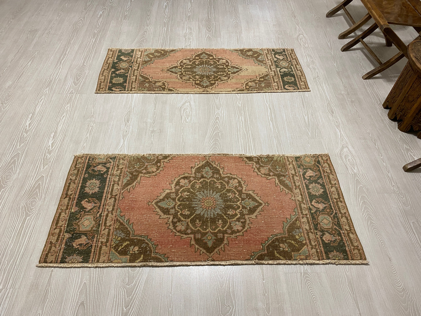 Twin Pair of Turkish Oushak Small Rugs Doormats Bath Mats - Kilim Art Gallery