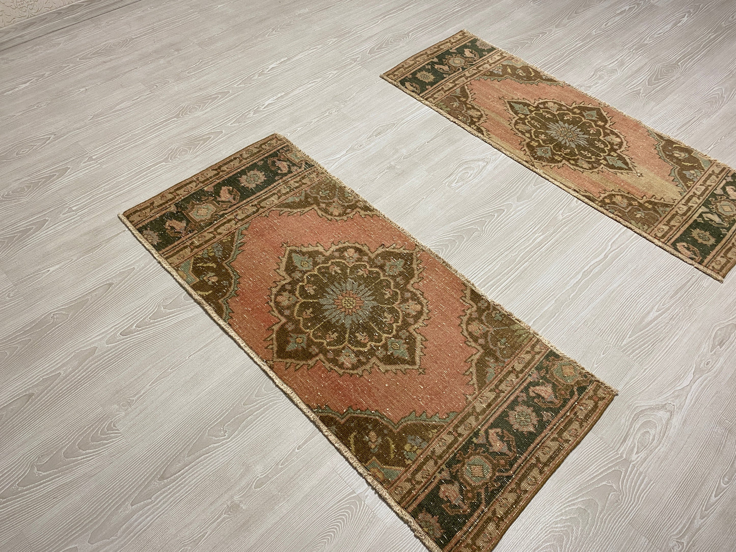 Twin Pair of Turkish Oushak Small Rugs Doormats Bath Mats - Kilim Art Gallery